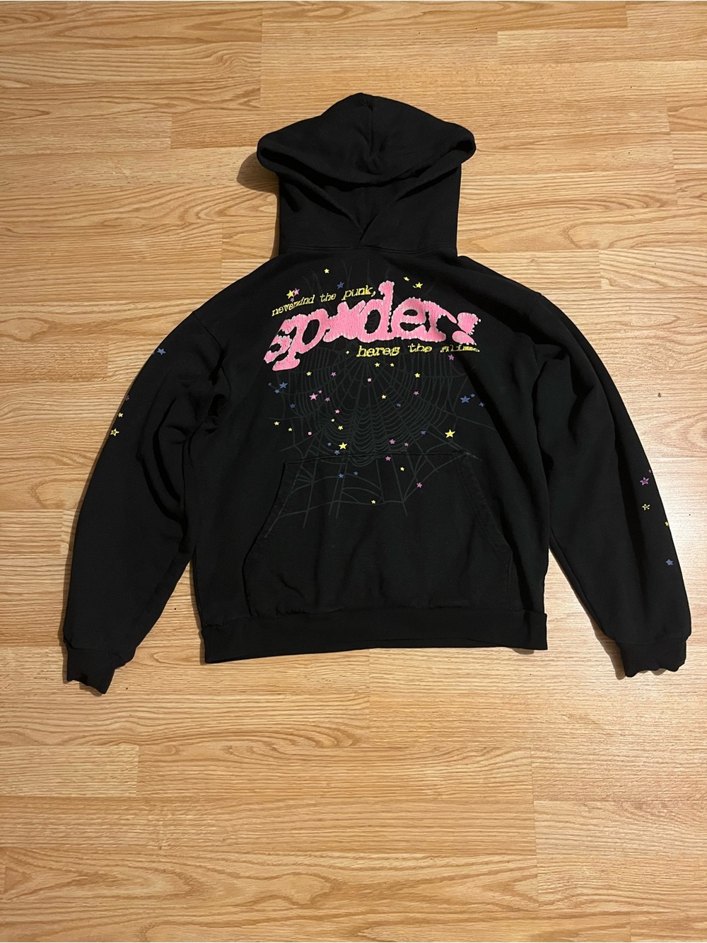Black Crewneck Hoodie Sweater with Pink 'Spiders' Graphic